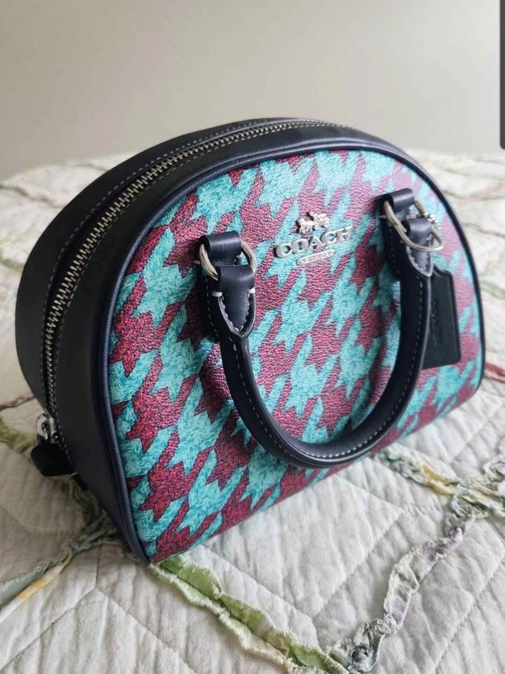 Coach Teal & Burgundy Houndstooth Dome Satchel with Black Trim